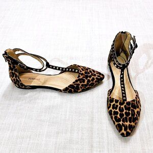 NWOT JUST FAB Pointed Toe With Studded Strap Leopard Print Flats Size 7.5